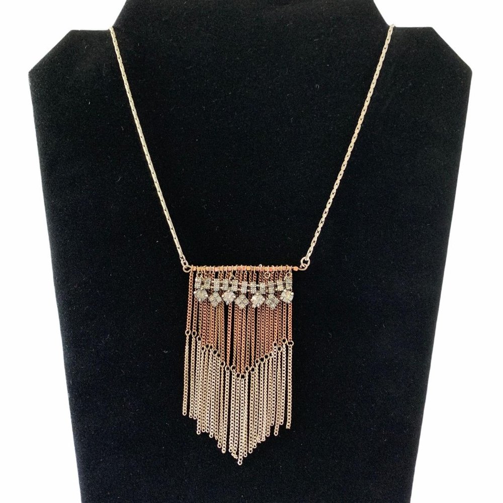 Tri-colored Chain Fringe Rhinestone Silvertone Necklace Boho Bohemian Un…